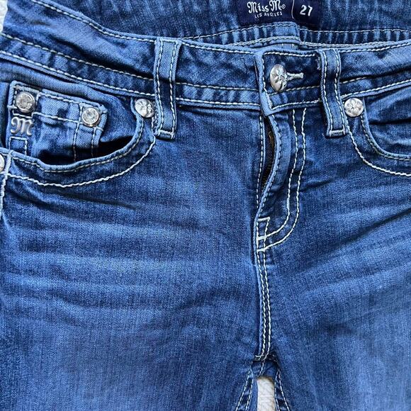 Miss Me Chloe Slim Boot Jeans Womens 27 Blue Embellished Pocket 32” Inseam - Picture 7 of 8